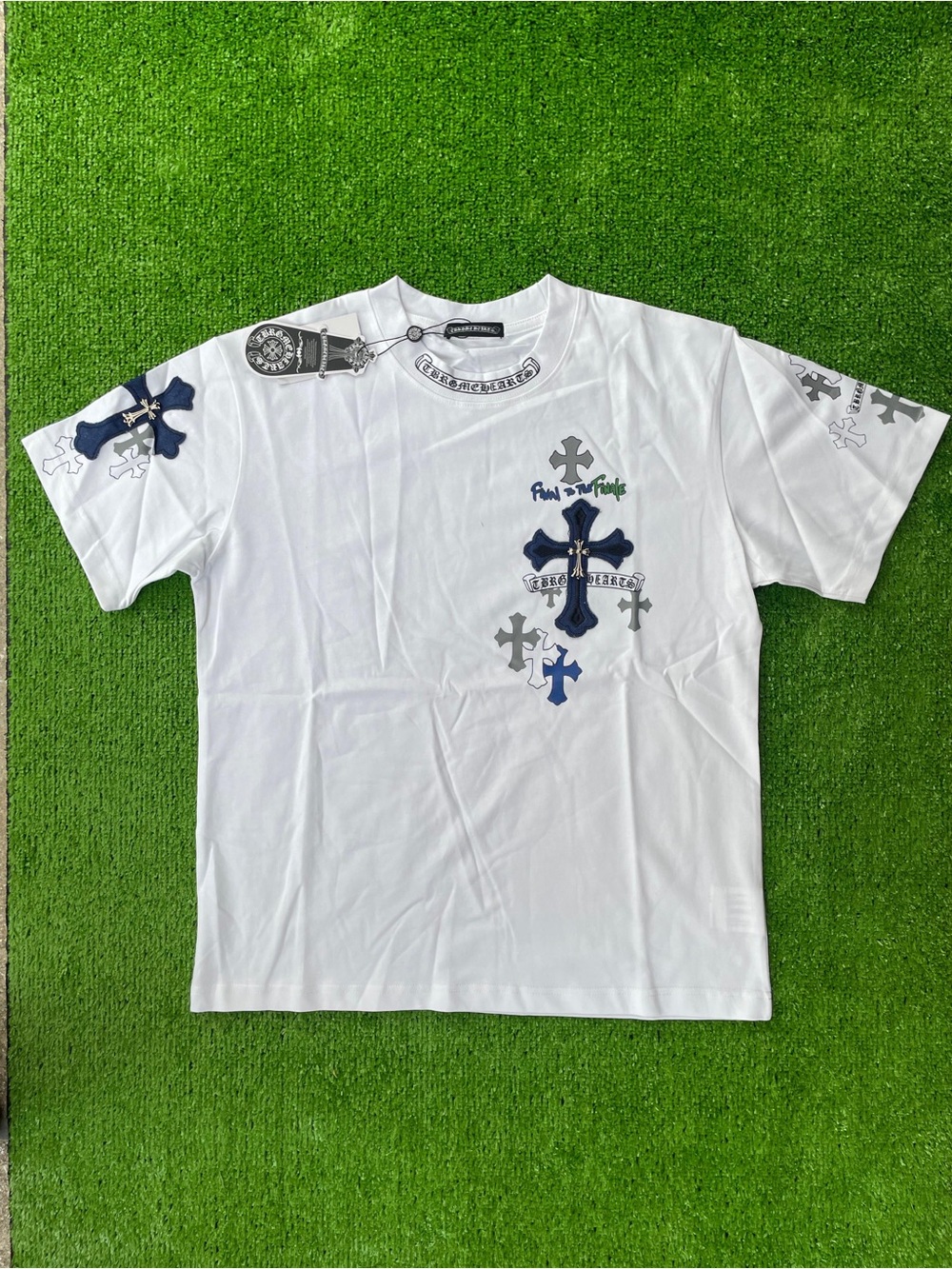 Chrome Hearts White Short-Sleeve Tee with Navy and Gray Cross Graphics
